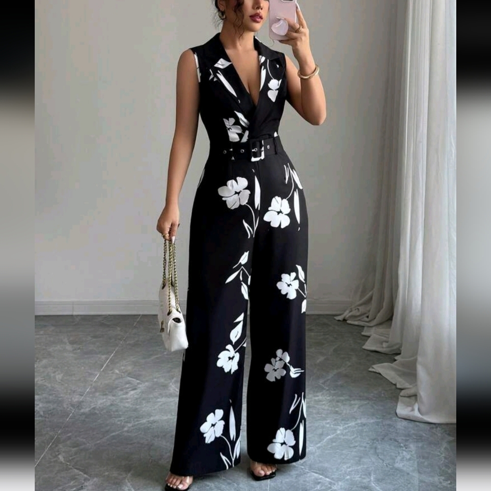 Women's Floral Print Wide Leg Sleeveless Jumpsuit For Vacation